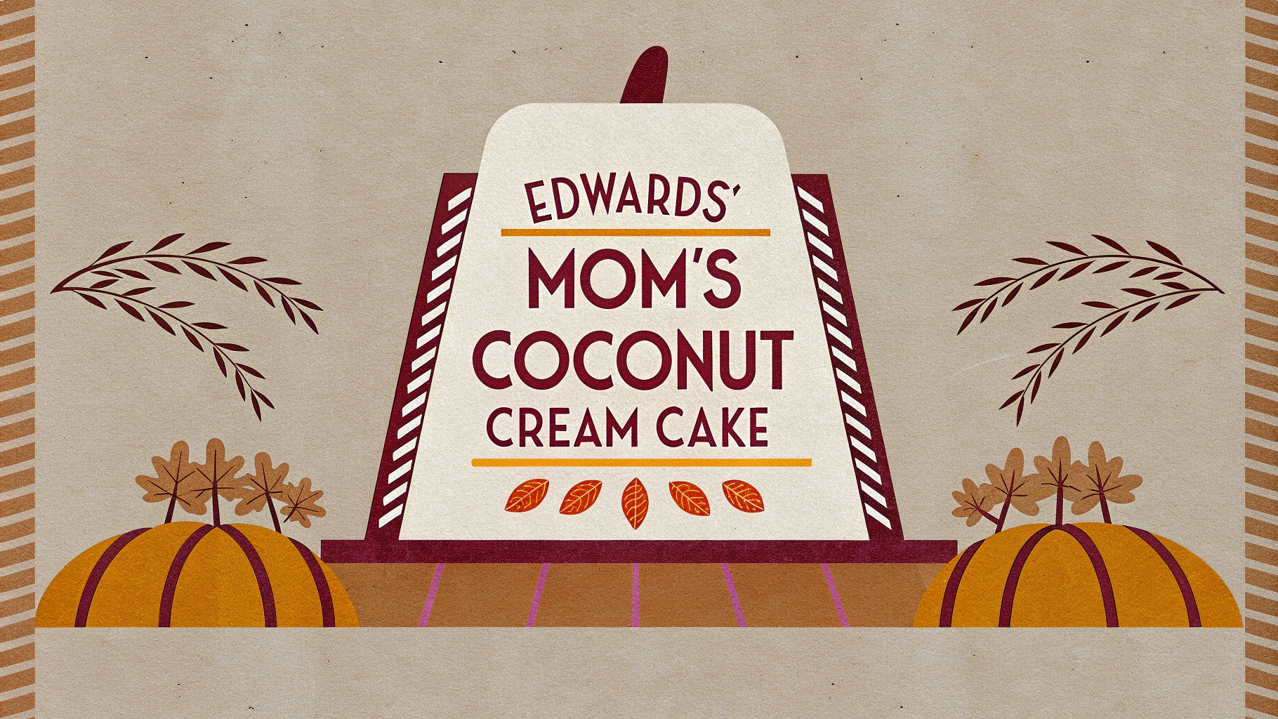 AI generated image by FLUX.1-schnell: fall themed label to sit in front of a coconut cream cake that reads Edwards' Mom's Coconut Cream Cake
