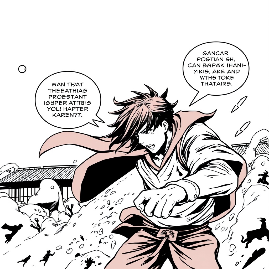 AI generated image by FLUX.1-schnell: generate manga style image with dialogues and like full manga page
and add action scene of manga page