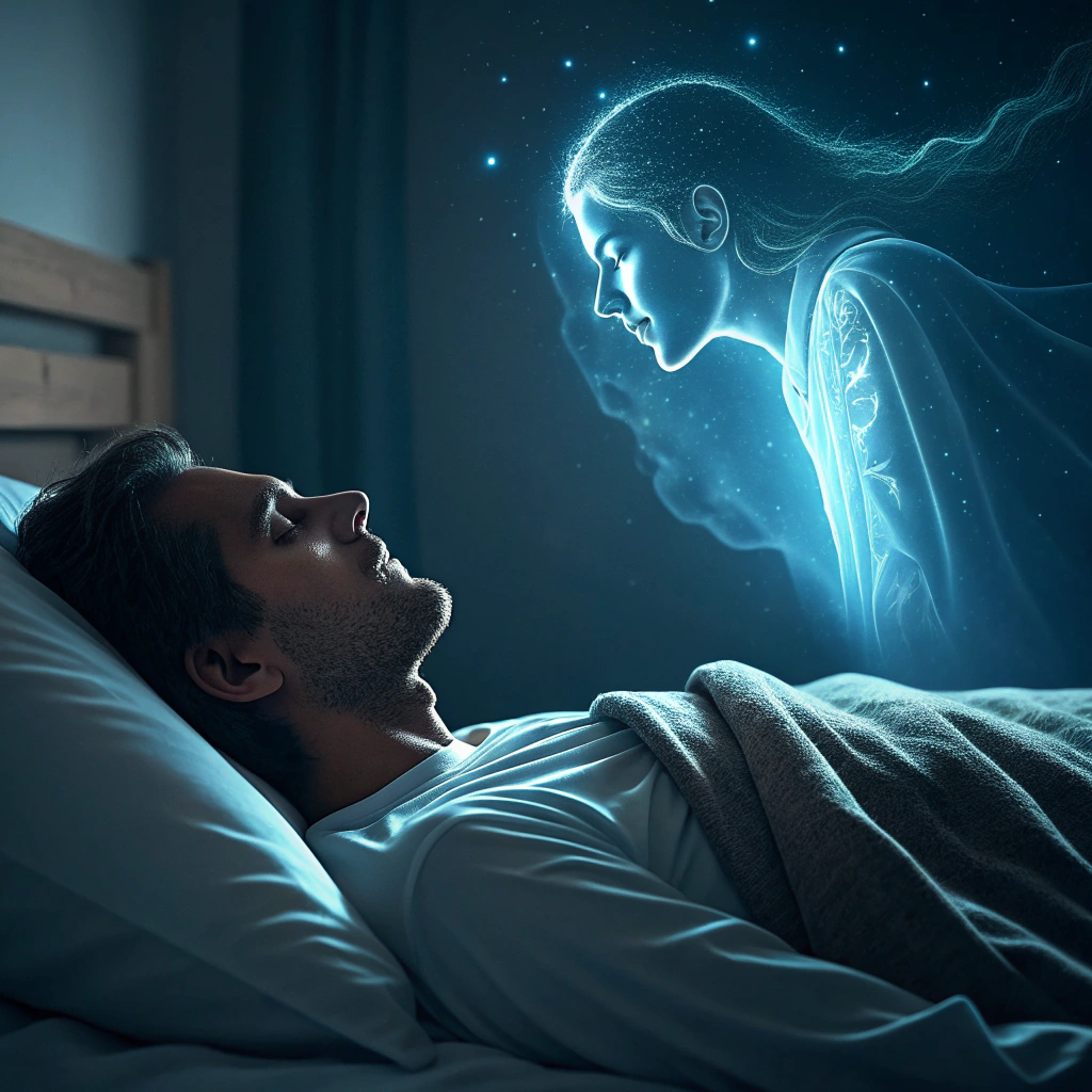 AI generated image by Red Panda AI: un hombre durmiendo un ser espirituall hablando al oido la havitacion fondo oscuro