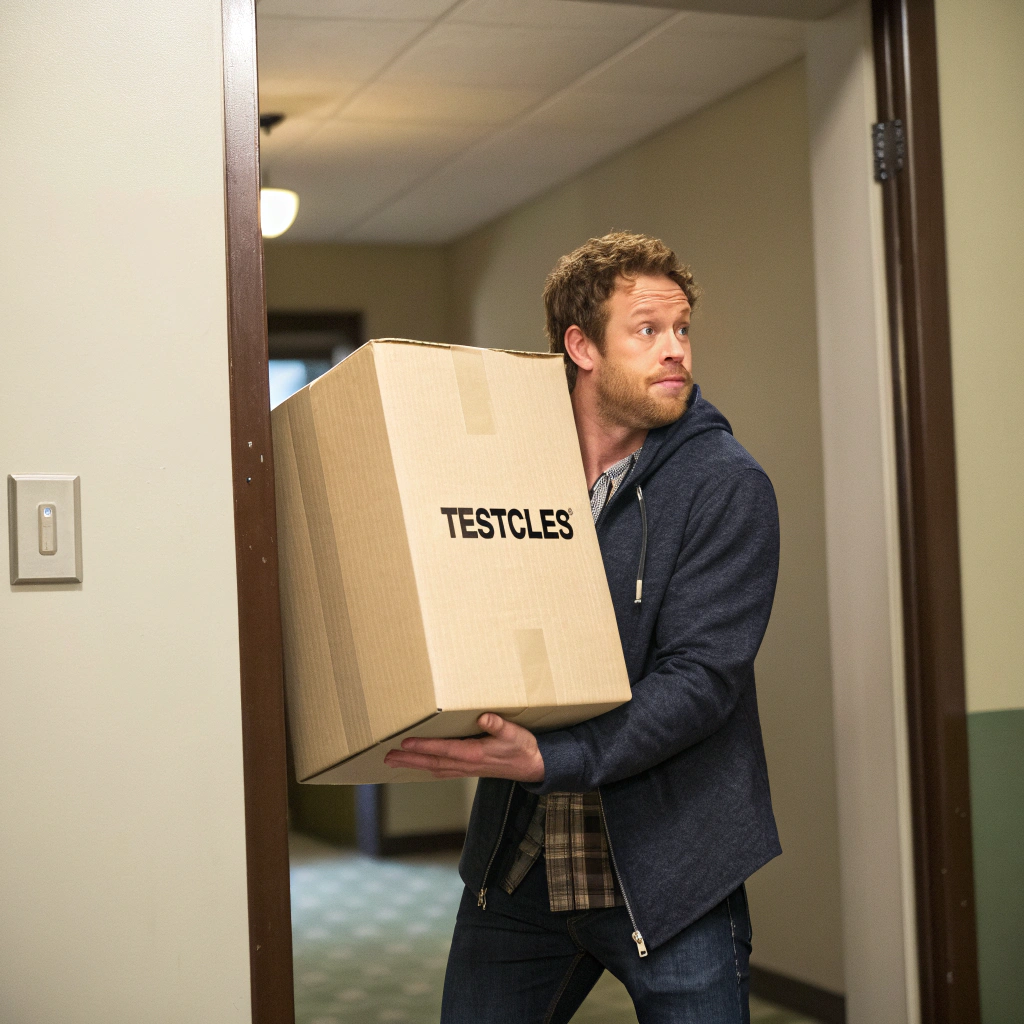 AI generated image by Red Panda AI: man carry on a huge testicules in a box
