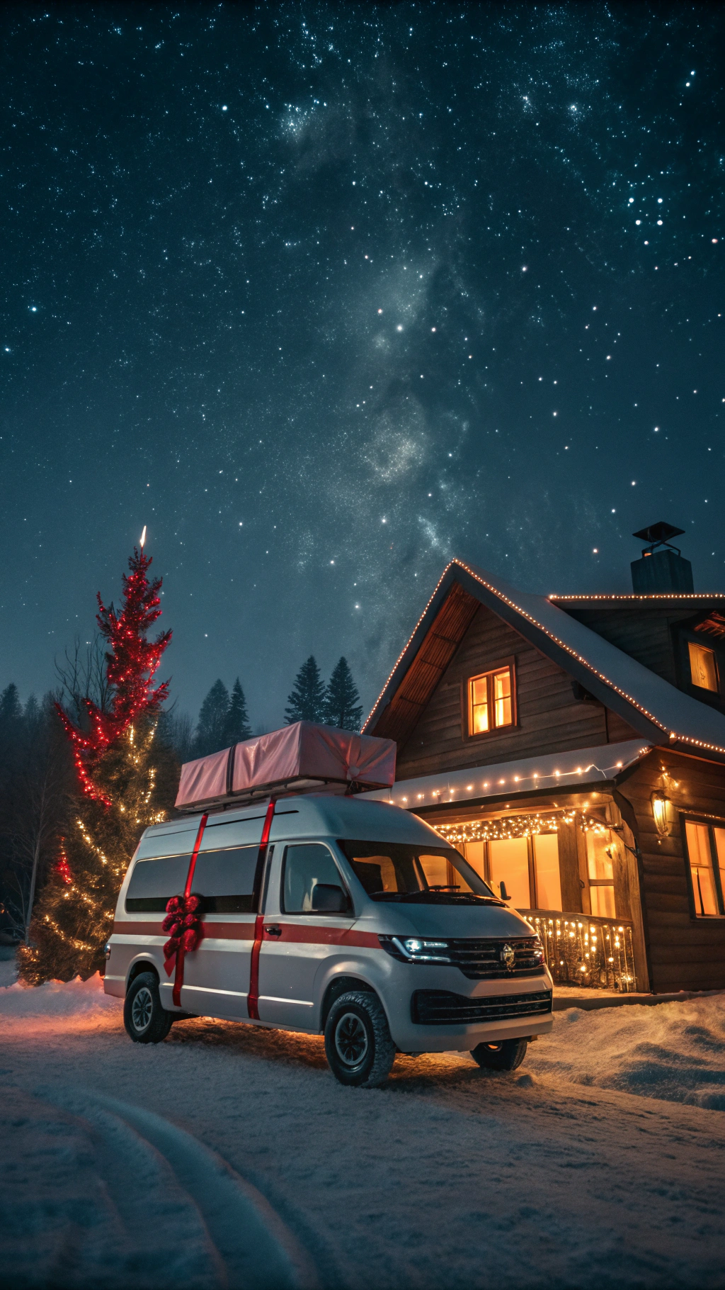 AI generated image by Red Panda AI: Une scène nocturne cinématographique montrant un van moderne garé devant une maison chaleureuse. Le van de marque Hanroad a le toit relevé est enveloppé d'un grand ruban rouge brillant, comme un cadeau géant. Le ciel est rempli d'étoiles scintillantes, créant une ambiance féérique et magique. La maison est décorée de lumières de Noël qui brillent doucement, ajoutant à l'atmosphère festive. La scène est éclairée de manière à créer une ambiance chaleureuse et invitante, rappelant l'esthétique des films de Noël. Une légère brume ou de la neige pourrait ajouter à l'atmosphère hivernale.