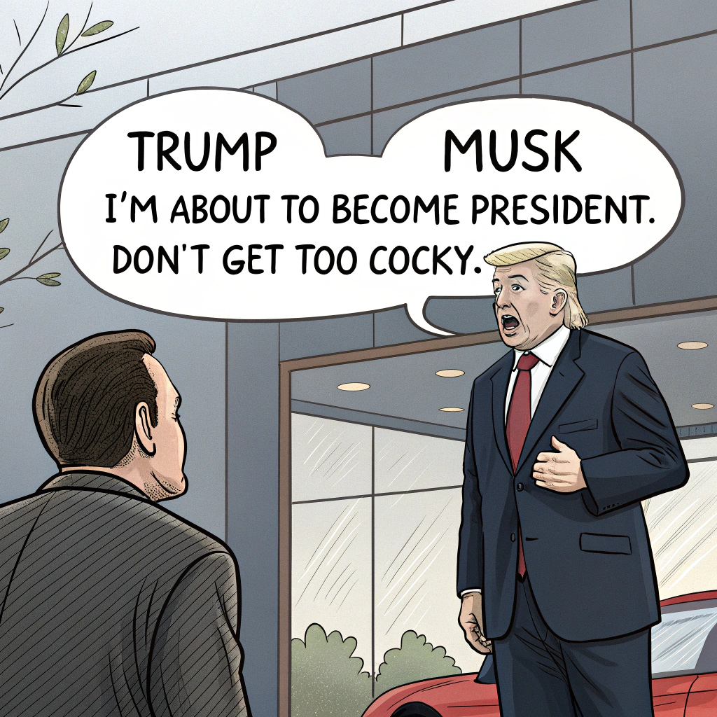 AI generated image by Red Panda AI: A comic about the argument between Trump and Musk, where both are delivering lengthy monologues. Trump says, "I'm about to become president," and Musk replies, "Don't get too cocky