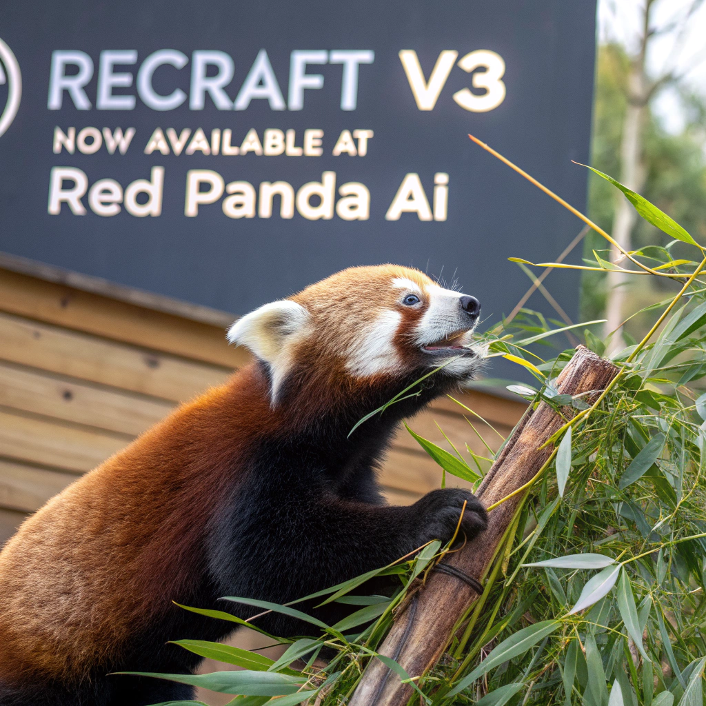 AI generated image by Red Panda AI: a red panda eating a bamboo in front of a poster that says "recraft V3 now available at red panda ai