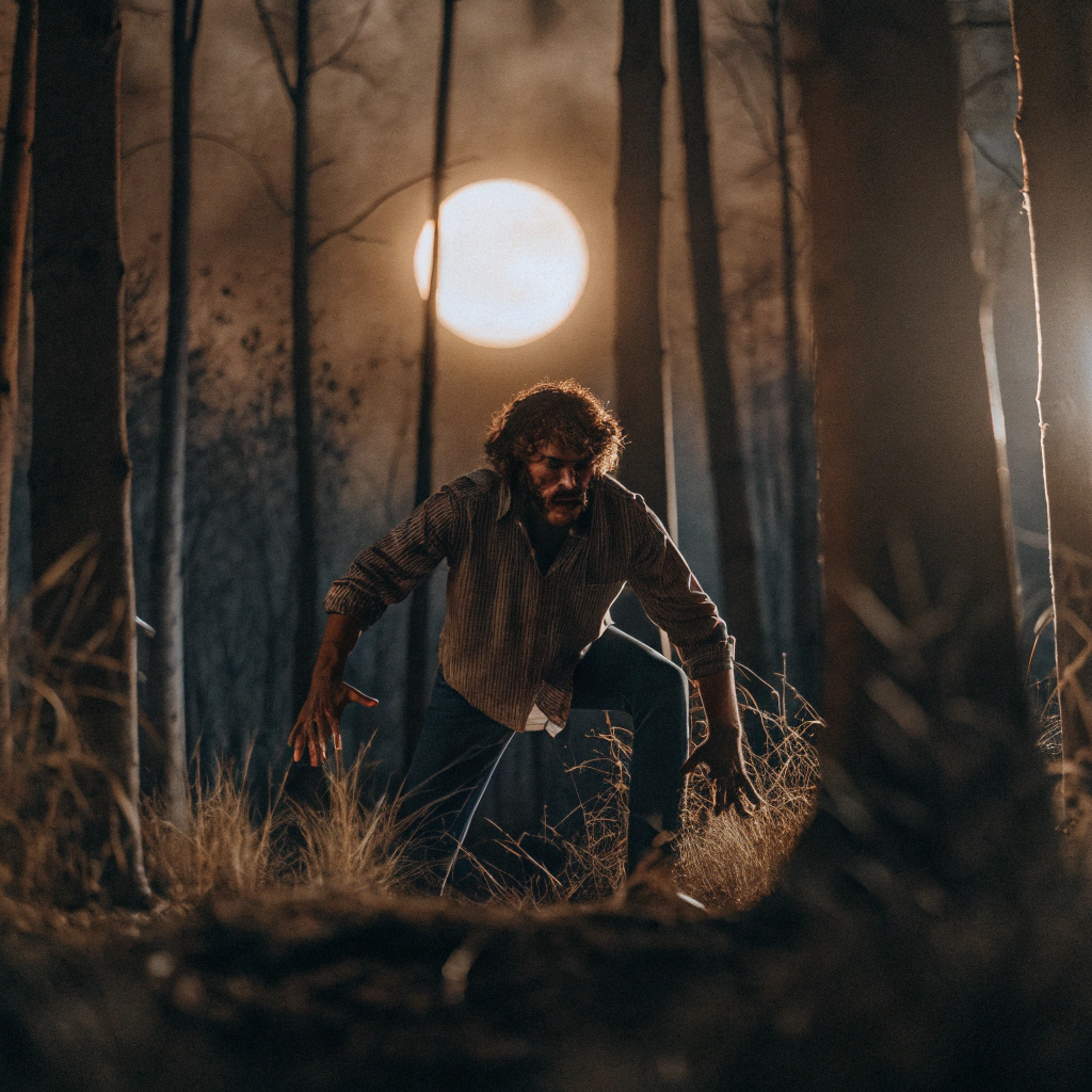 AI generated image by Red Panda AI: a man turning into werewolf with full moon behind him and his in the forest