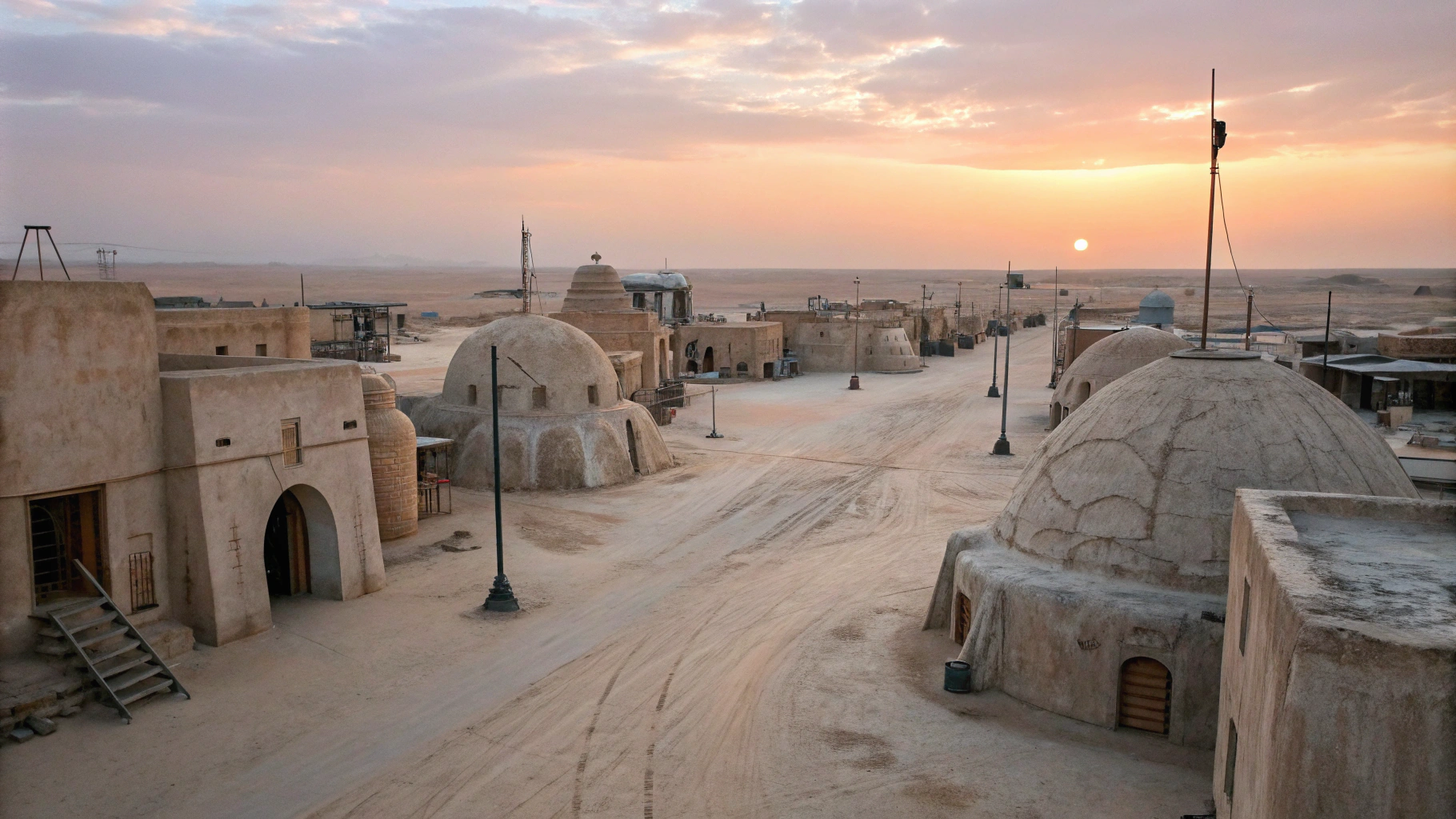 AI generated image by Red Panda AI: Star Wars cinematic style, Mos Eisley Spaceport, dawn, desert large city of stucco rounded adobe style buildings, empty sandy streets, top down view