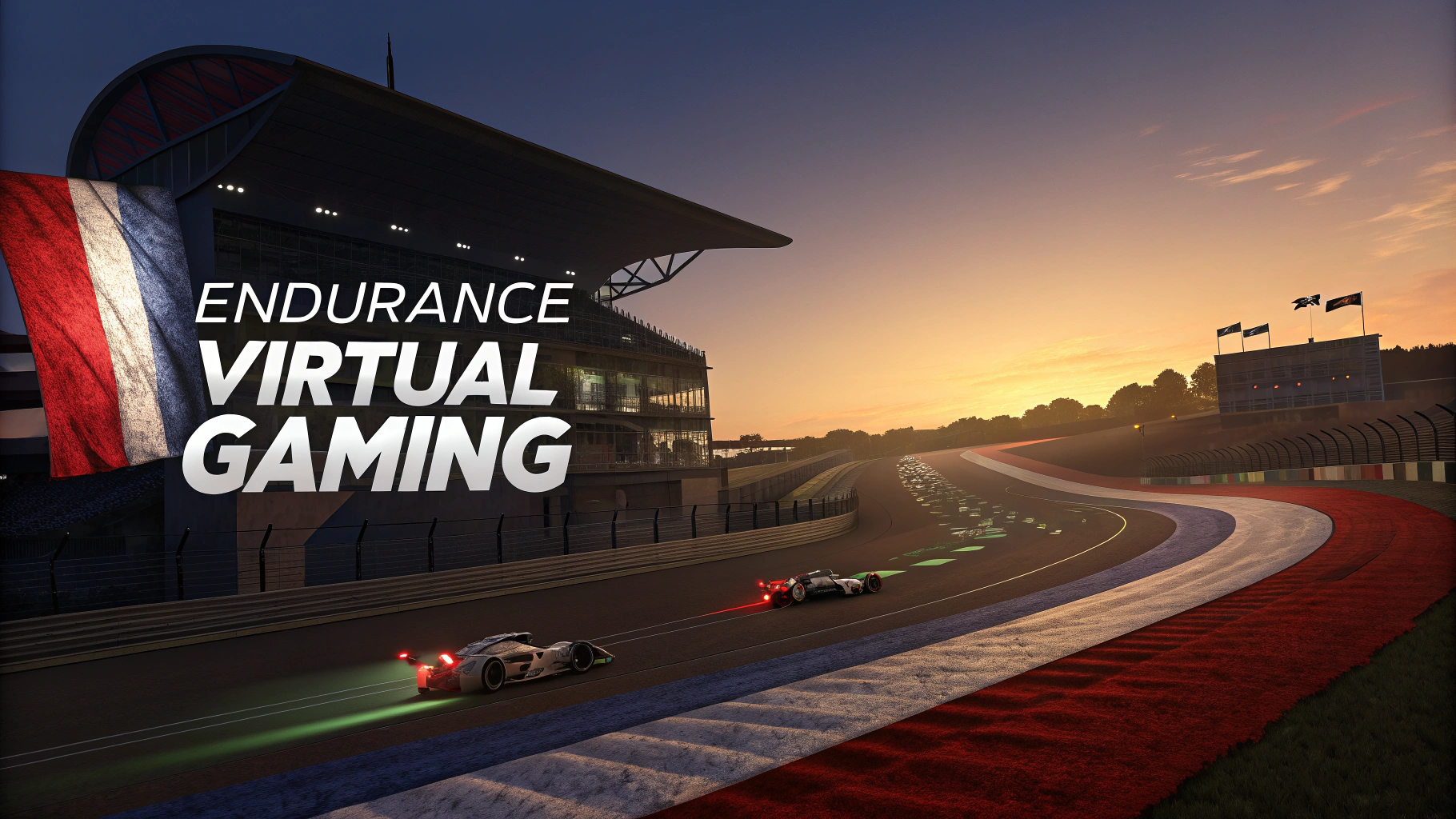 AI generated image by Red Panda AI: Le circuit des 24h du Mans avec le drapeau Français. Il y a d'écrit sur l'image : Endurance Virtual Gaming. Le texte est écrit d'une façon à être en relation avec la vitesse.
Le drapeau est intégré de façon subtil est intelligente.
Sur le circuit, on y voit les voitures des 24h du mans, lmp1 lmp2