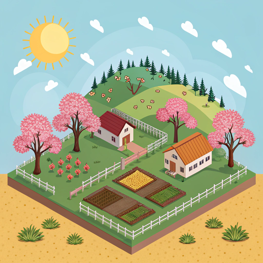 AI generated image by Red Panda AI: Crie uma imagem isométrica de uma propriedade rural onde em cada divisão de lote terá um ipê plantado. Ao fundo que quero um dia de sol, bem bonito. Seja criativo!