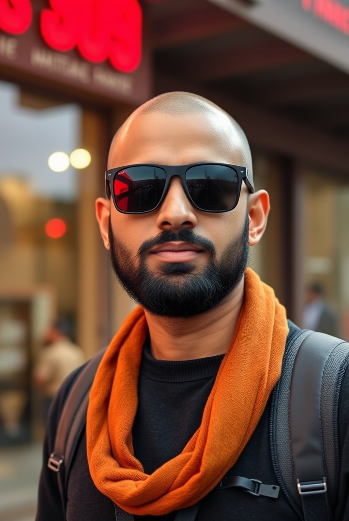 AI generated image by FLUX.1-schnell: a realistic photo of an Indian photographer, 20-year old, stubby bearded and bald, sunglasses, standing in front of a building with red lights
