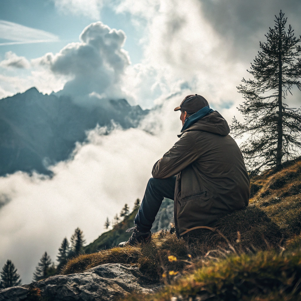 AI generated image by Red Panda AI: a realistic and high detailed photo from behind of a man sitting on top of a mountain looking at the clouds