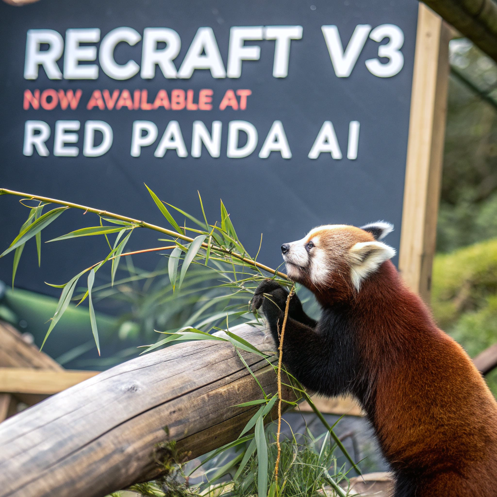 AI generated image by FLUX.1-schnell: a red panda eating a bamboo in front of a poster that says "recraft V3 now available at red panda ai