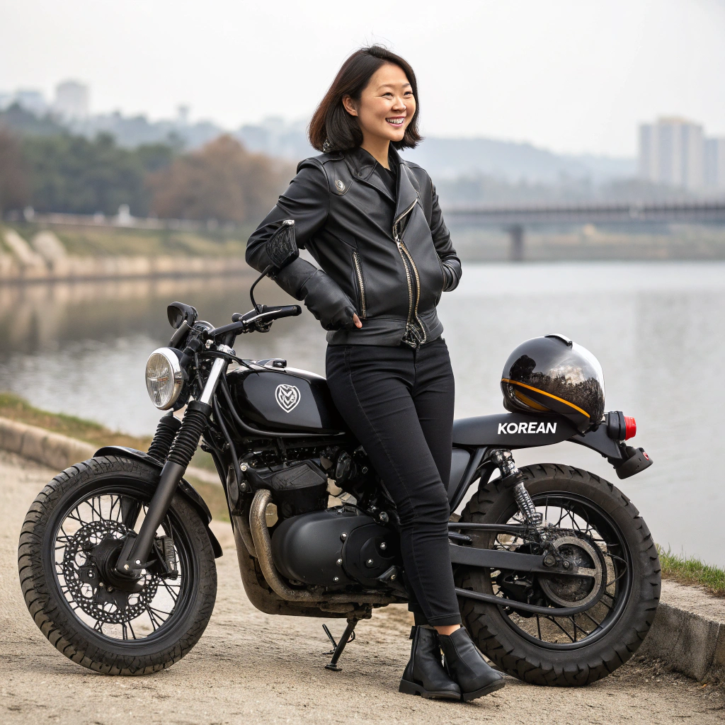 AI generated image by FLUX.1-schnell: photo of 30 age, 1 korean woman standing lean against to a black motorcycle, smile, motocycle is front view, wearing a black leather jacket and pants, holding a helmet in one hand. The motorcycle has the 'KOREAN' brand logo visible, featuring a classic design with thick tires. The background is a river side. This image emphasizes motorcycle-related fashion and lifestyle