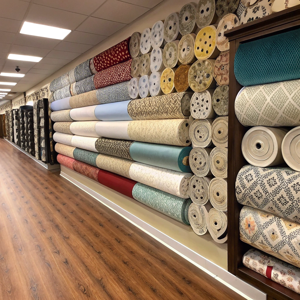 AI generated image by Red Panda AI: ocupo una foto frontal a una pared donde se aprecie muchos rollos de tela de una tapiceria y piso de madera en frente