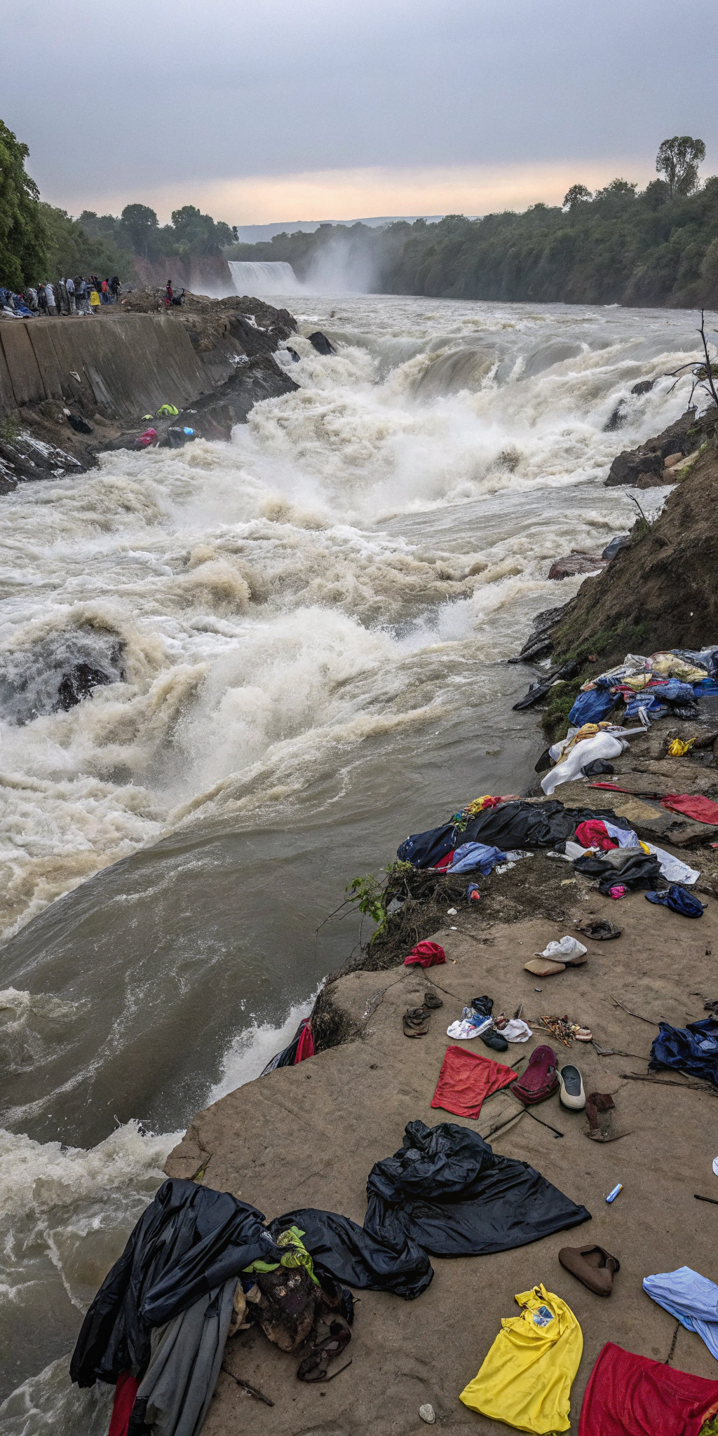 AI generated image by Red Panda AI: Rio impetuoso que se lleva muchas cosas ropa objetos a su paso