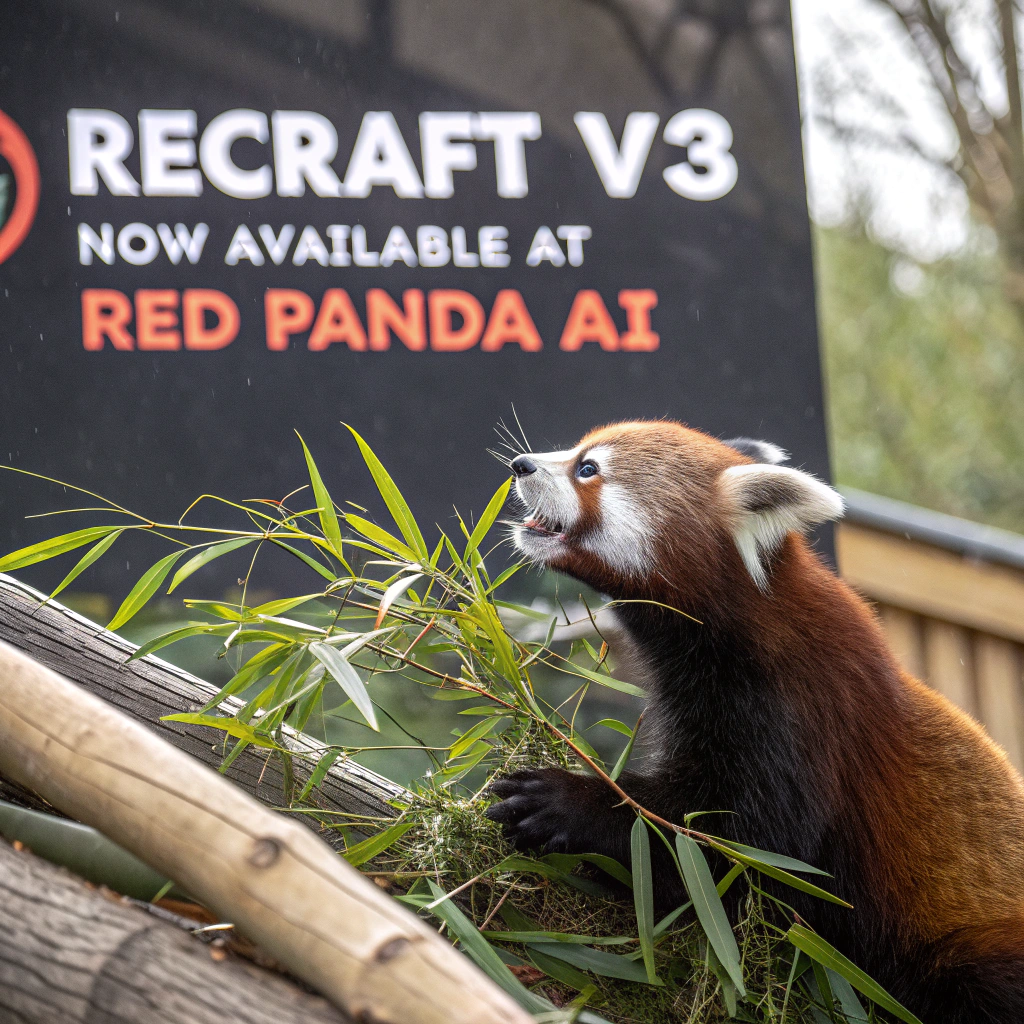 AI generated image by Red Panda AI: a red panda eating a bamboo in front of a poster that says "recraft V3 now available at red panda ai