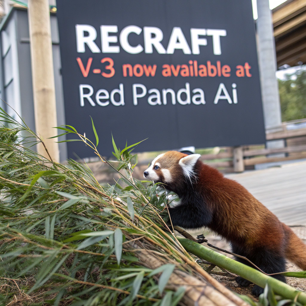 AI generated image by Red Panda AI: a red panda eating a bamboo in front of a poster that says "recraft V3 now available at red panda ai
