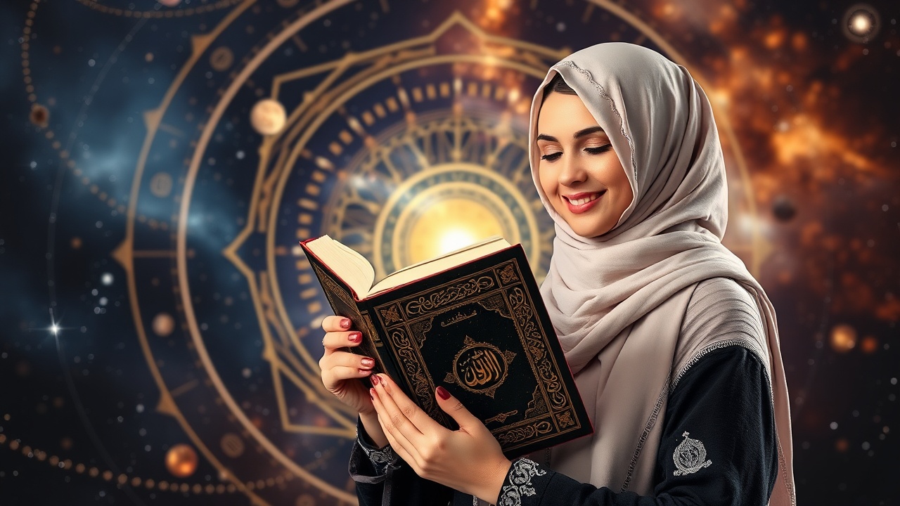 AI generated image by FLUX.1-schnell: a beautiful woman wearing a hijab holding the Koran against the background of the Islamic version of the solar system