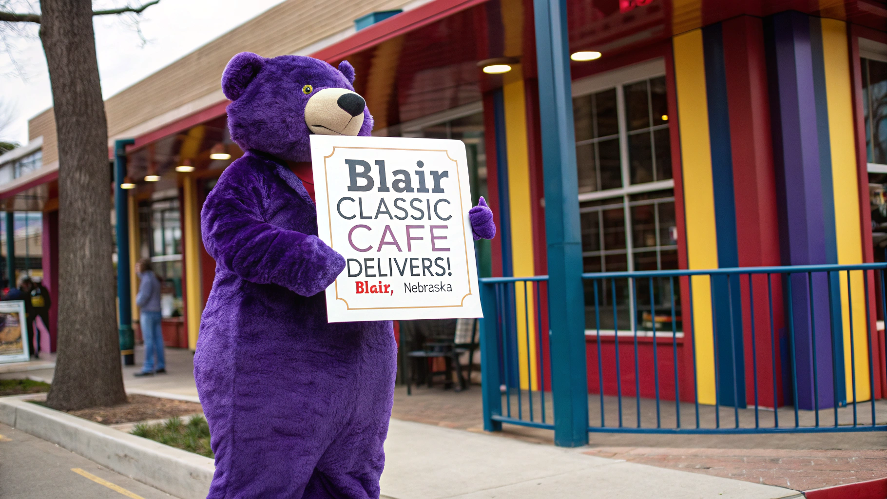 AI generated image by Red Panda AI: Purple bear wears sandwich-board sign that says "Blair Classic Cafe Delivers!" Sign reads in Blair, Nebraska
