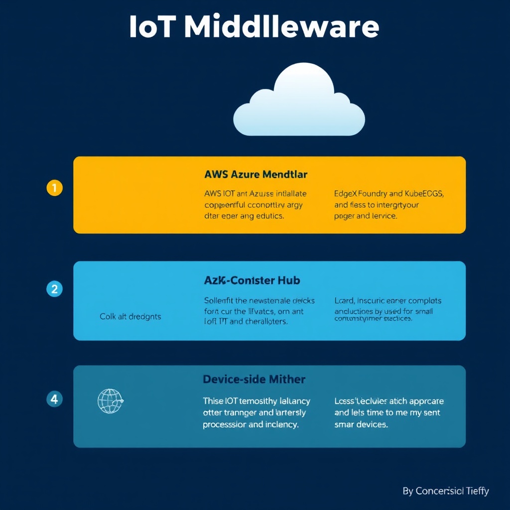 AI generated image by FLUX.1-schnell: Based on deployment models, IoT middleware platforms can be categorized into three main types:
1 Cloud-based Middleware: Platforms like AWS IoT and Azure IoT Hub that leverage cloud computing infrastructure for powerful computing and storage capabilities. These are ideal for IoT applications requiring large-scale data processing and analytics. They offer high scalability and integration with other cloud services.
2 Edge Computing Middleware: Platforms such as EdgeX Foundry and KubeEdge that are deployed at network edges close to data sources. These reduce data transmission latency and are suitable for applications requiring real-time processing and response.
3 Device-side Middleware: Platforms like Contiki and TinyOS that run entirely on resource-constrained smart devices. These are appropriate for standalone or small-scale IoT networks where cloud connectivity is not required or available. They focus on efficient resource utilization and local processing capabilities.