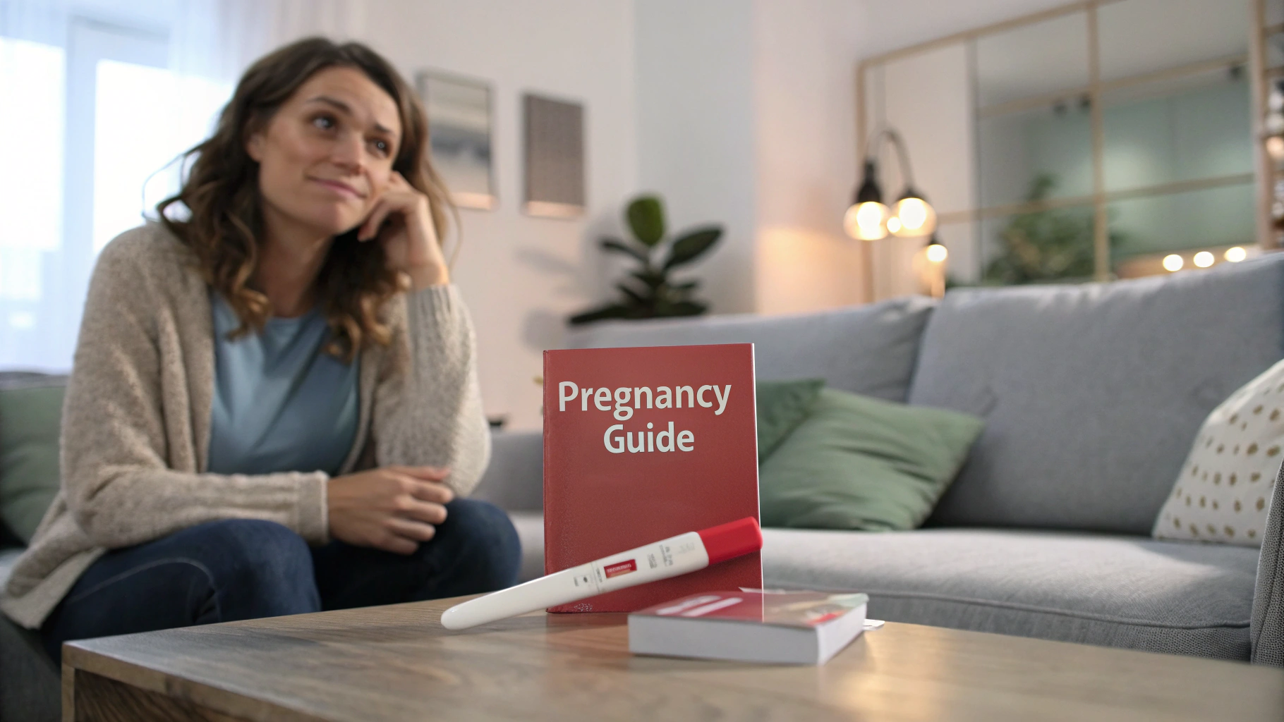 AI generated image by Red Panda AI: In a modern living room, a woman is sitting on the sofa with a pregnancy test stick (showing two red lines) next to her. Her facial features (clearly visible) . A book titled Pregnancy Guide lies on the coffee table.