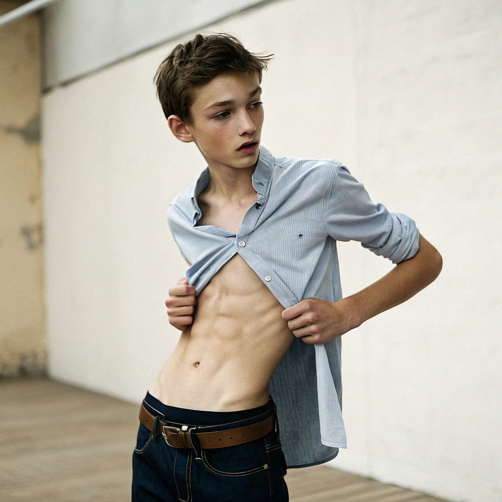 AI generated image by Red Panda AI: A skinny teen boy, very skinny, extreamly skinny body, wearing a shirt that is lifted up halfway revealing his stomach