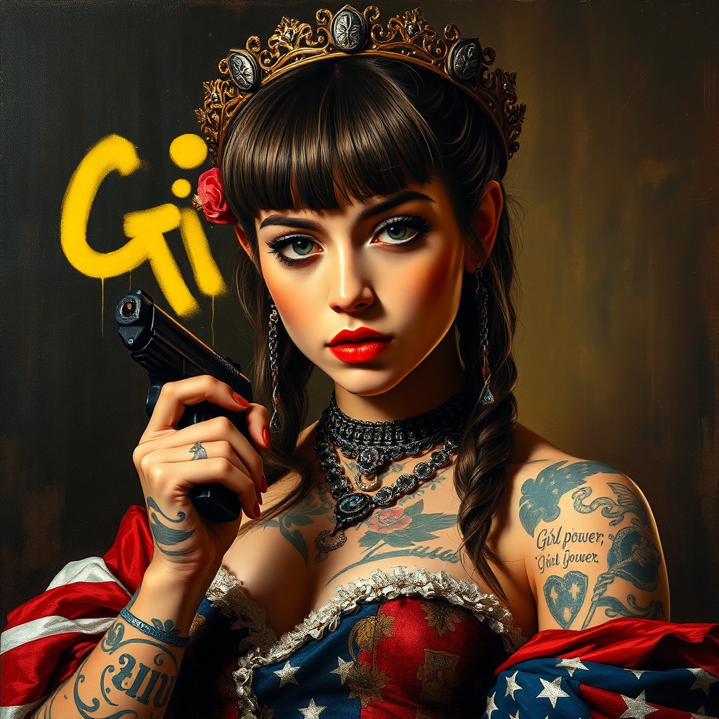AI generated image by FLUX.1-schnell: a baroque portrait painting of a dramatic princess in a style of Tarantino, bangs, with old school tattoos , holding a gun , "Girl Power" , bright yellow graffitti over it,tagging-like marks, American flag , group zero, made of all of the above, dark academia, visible paintbrush