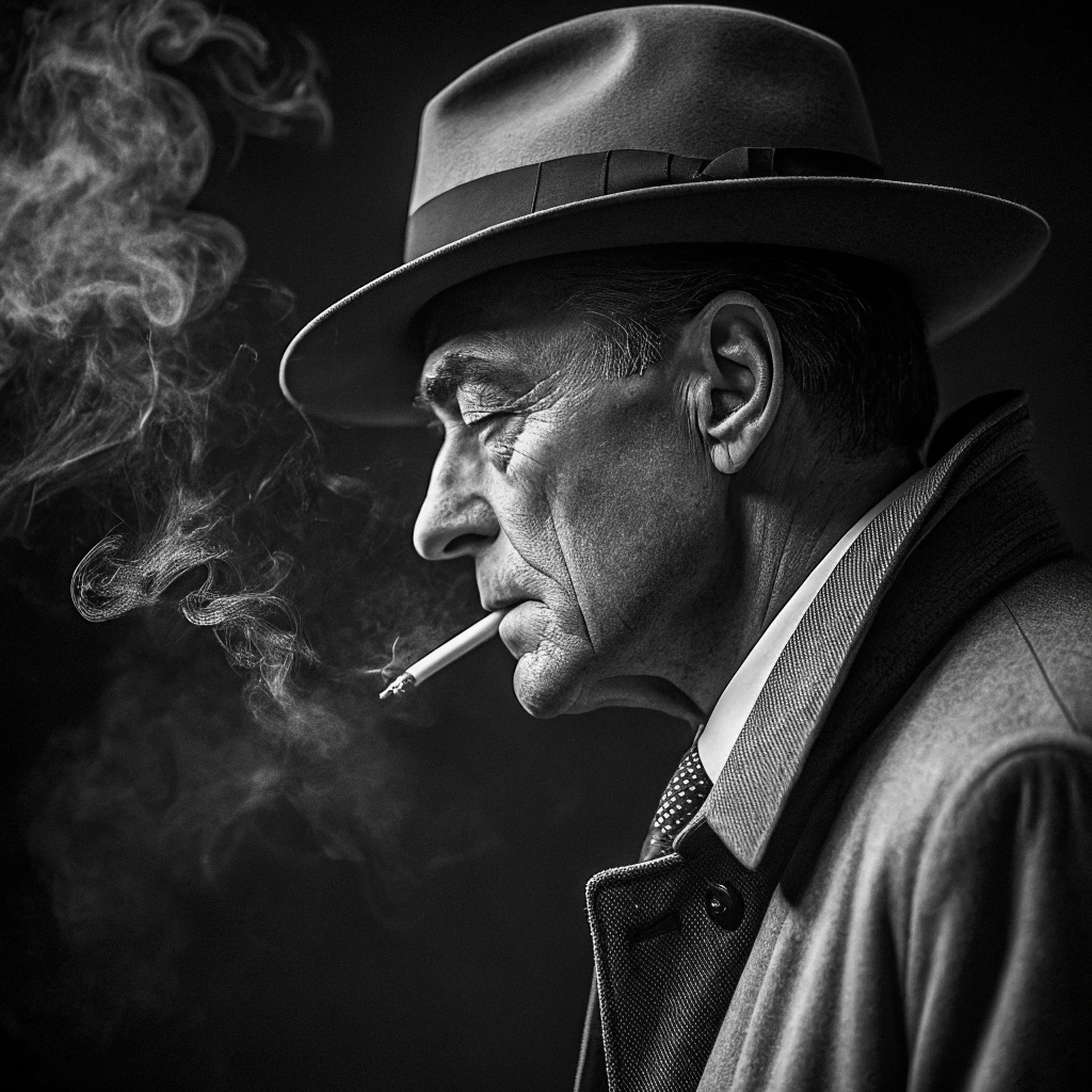 AI generated image by Red Panda AI: An aged detective, in classic noir style, viewed only in profile, focusing solely on his face. The detective has a deep expression that reflects the wear and tear of having lived through many experiences and hardships. He is smoking a cigarette, with visible smoke rising in a dramatic swirl. The image is in black and white, with minimal skin color. The overall mood is dark and mysterious, fitting the film noir aesthetic. The background is transparent to make the image stand out as a YouTube profile picture. The image should be highly detailed, rendered in 8K resolution.