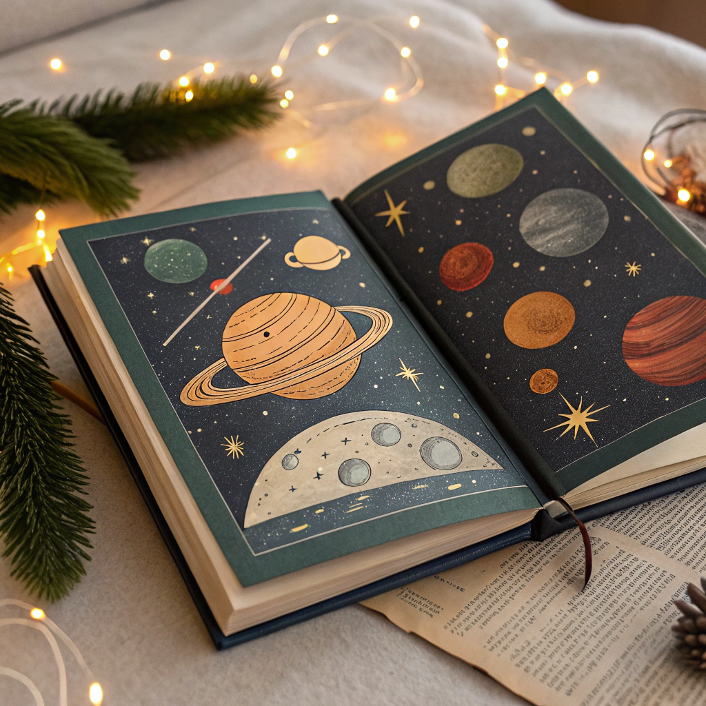 AI generated image by Red Panda AI: Un precioso libro de cuentos de Navidad con estilo y estética de 1968 con temática fantástica de astros retrofuturista de 1968, estilo cinematográfico, bonita iluminación de escena