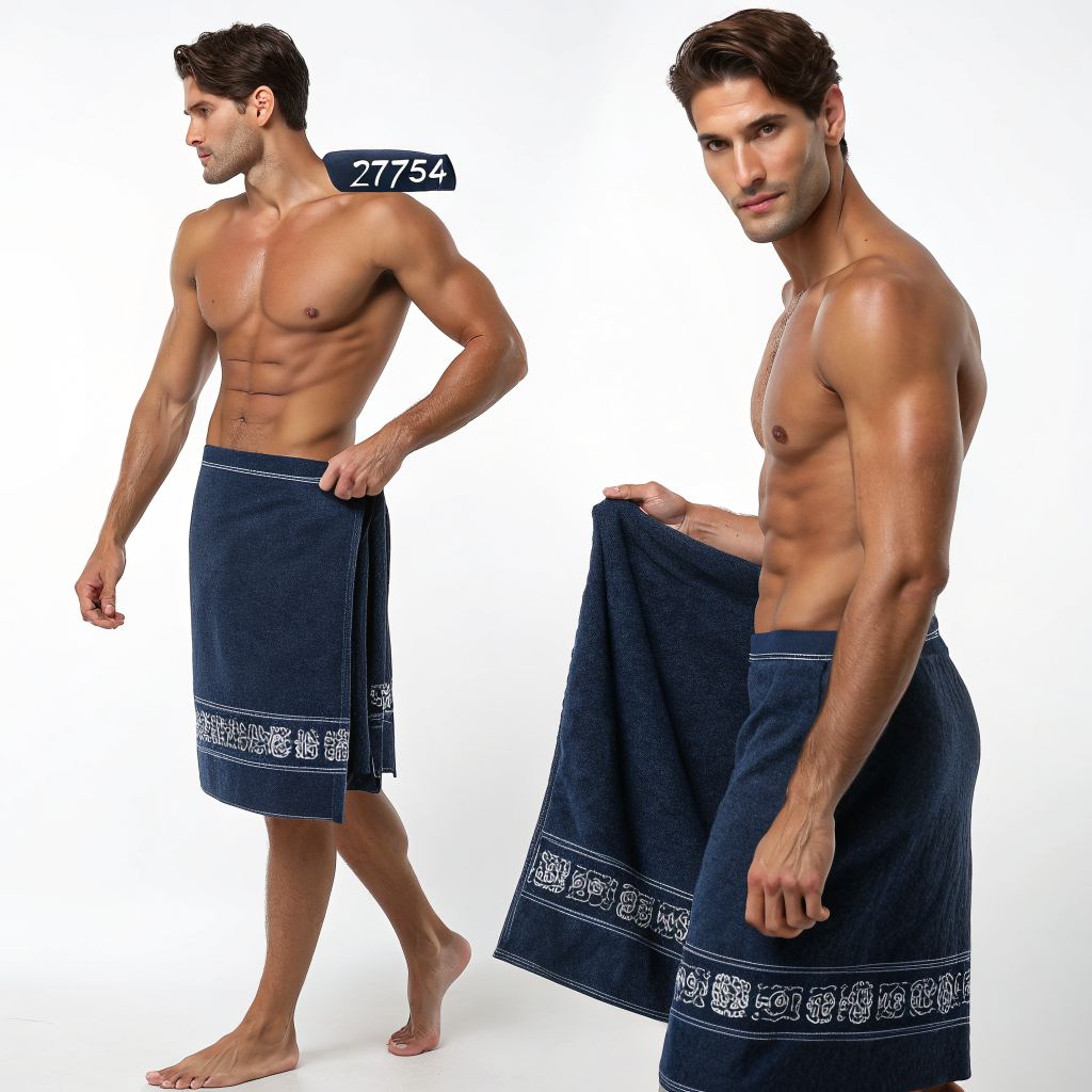 AI generated image by Red Panda AI: High-definition product photography of a fit male model standing against a pure white background, showcasing a dark blue 27x54 bath towel. Three angles in one collage: 1. Front View: Model holding the towel open in front of him, featuring a medium-sized (6-inch wide) silver Sufi Dervish embroidery centered near the bottom hem. 2. Side View: Towel draped over the model's shoulder, showing the profile of the medium logo. 3. Back View: Towel wrapped around the model's waist, logo visible on the side. 550 GSM thick cotton texture, clean studio lighting, high contrast.