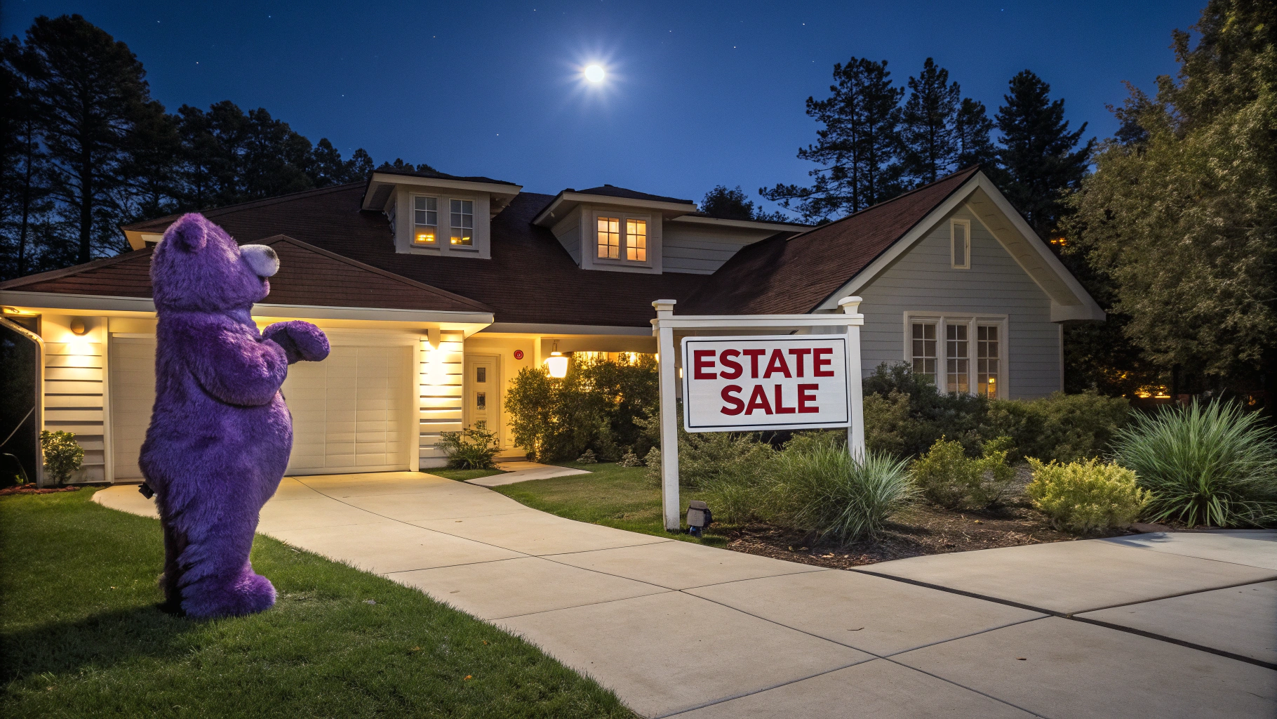 AI generated image by Red Panda AI: a purple bear is outside a nice house and clean house, the house is clean and well-kept, the purple bear is looking up at a blue moon in the sky, there is a big sign that says "Estate Sale" in clear bold readable font, the sign in the yard says "Estate Sale" in big letters, the house is a nice house the kind that grandma lives in