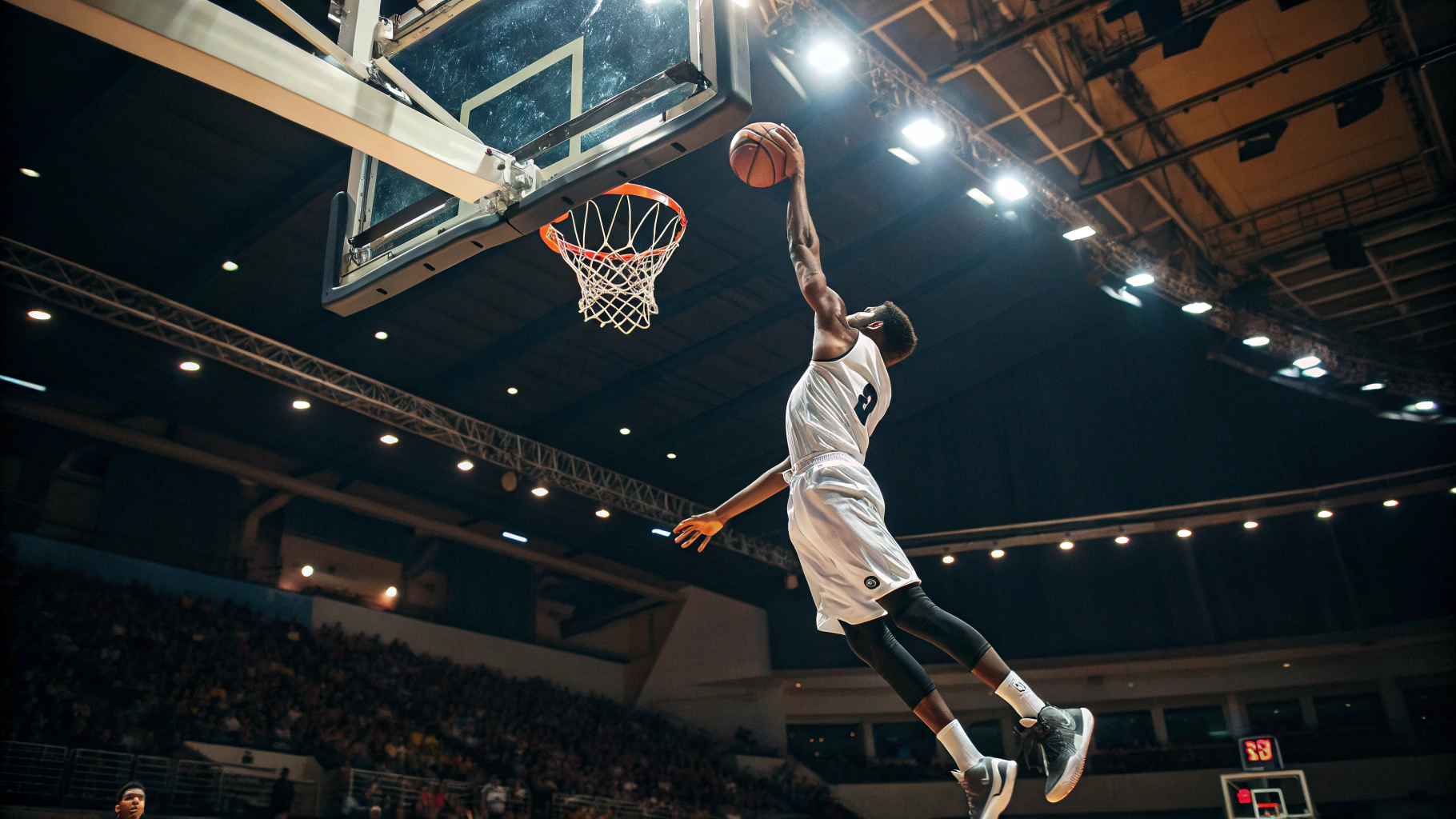 AI generated image by Red Panda AI: 一位篮球运动员扣篮的瞬间,显示出运动的美感