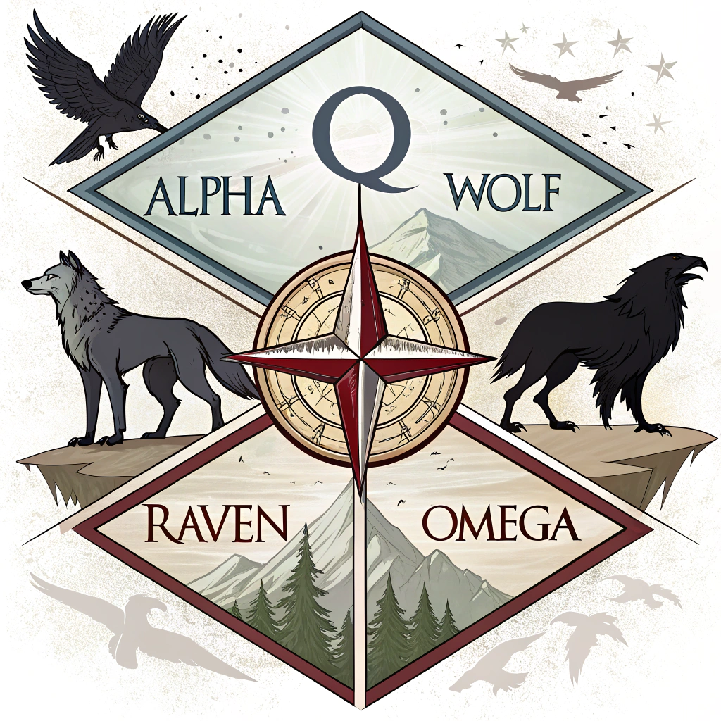 AI generated image by Red Panda AI: Créer une image représentant un armorial sous une forme de boussole diviser en 4 parties, exposant en haut a gauche le symbole alpha en gros, en bas a gauche un loup, en haut a droite un corbeau et en bas a droite le symbole Omega en gros