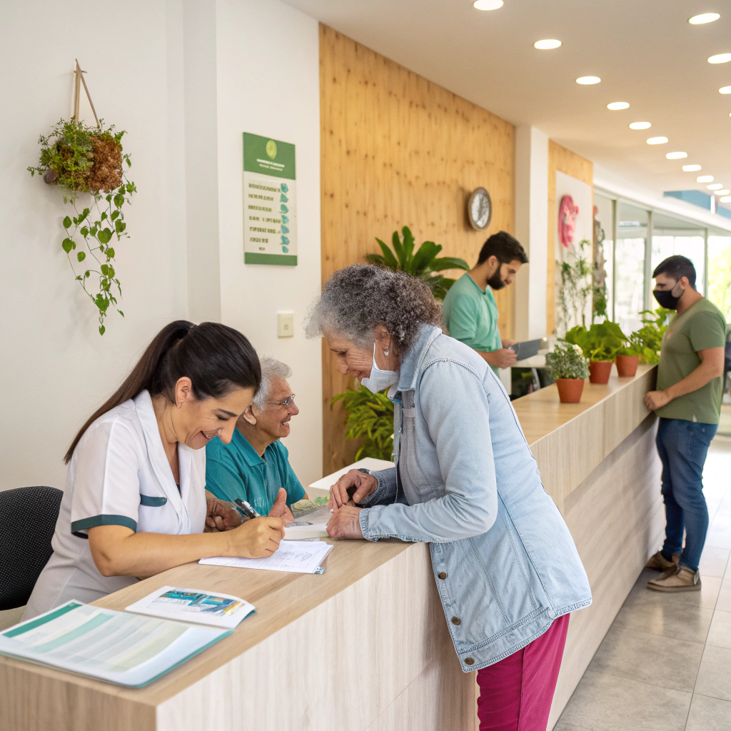 AI generated image by Red Panda AI: puesto de salud donde inscriben personas a un programa llamado "PLAN CIMA PREFENCIAL" en un ambiente de cordialidad