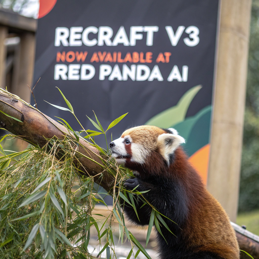 AI generated image by Red Panda AI: a red panda eating a bamboo in front of a poster that says "recraft V3 now available at red panda ai