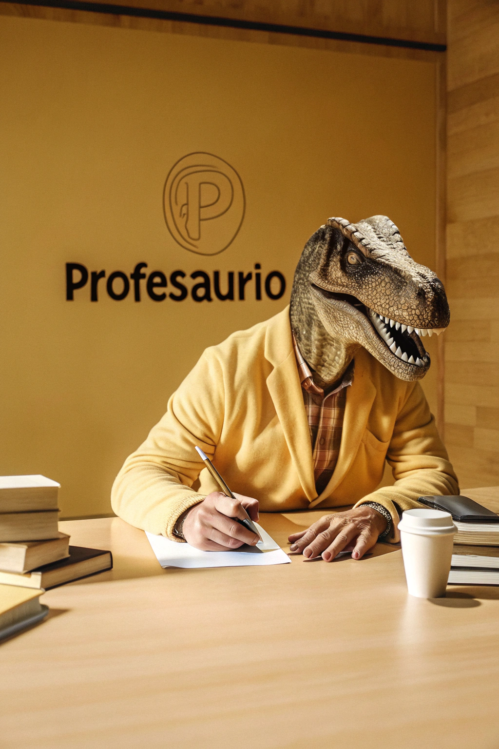 AI generated image by Red Panda AI: Dibuja a un "profesaurio", es decir, a un profesor con cabeza de dinosaurio rex escribiendo en la mesa de la sala de profesores con lápiz y pepel.