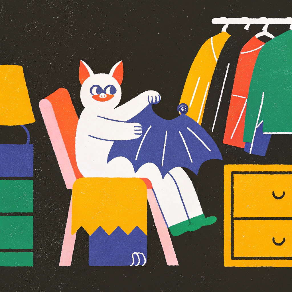 AI generated image by Red Panda AI: Murcielago elijiendo ropa sentado