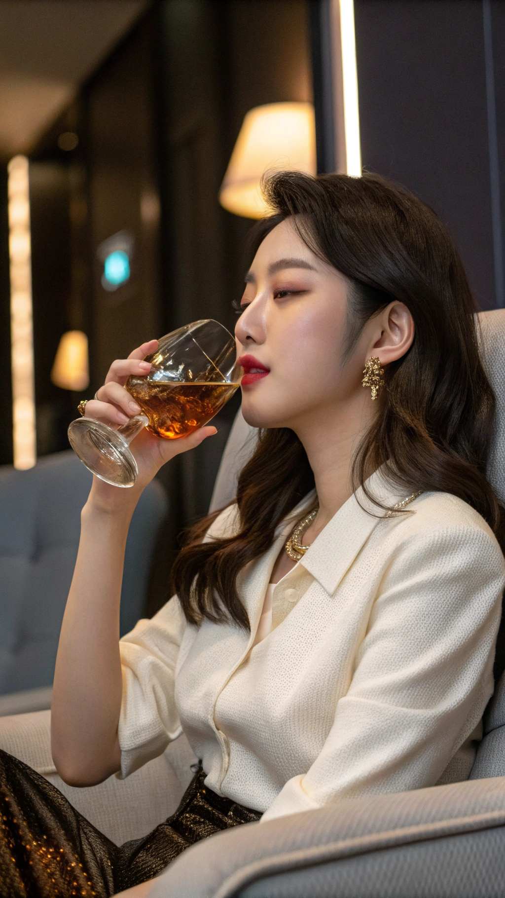 AI generated image by Red Panda AI: korean girl, very beautiful, gorgeous, eating blended whisky