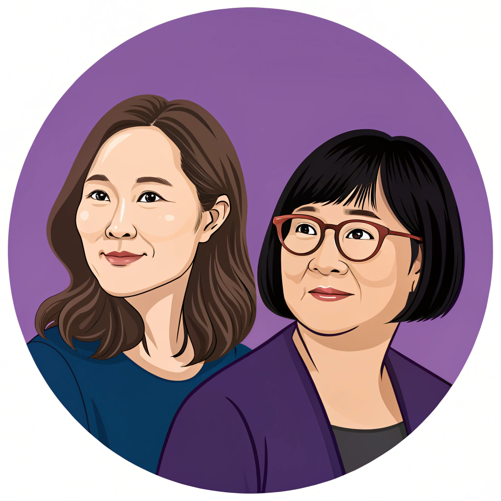 AI generated image by Red Panda AI: Logo for podcast: Purple background and Two women. A woman of 36 year´s old, slim build, light skin tone, chinese eyes and brown hair.
Other women of 31-year´s old, robust build, medium skin tone, almond-shaped eyes with glasses and bob haircut style, black hair.
