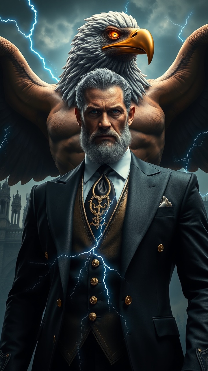 AI generated image by FLUX.1-schnell: Hyper-realistic cinematic portrait of Zeus reimagined in a dark mafia style. He wears an elegant black and gold tailored suit with glowing lightning details. His eyes glow with divine power. Behind him stands a massive muscular thunderbird-hybrid with humanoid torso and broad chest, giant wings crackling with blue lightning. Stormy skies and gothic architecture in the background, ultra-detailed, photorealistic, dramatic lighting.