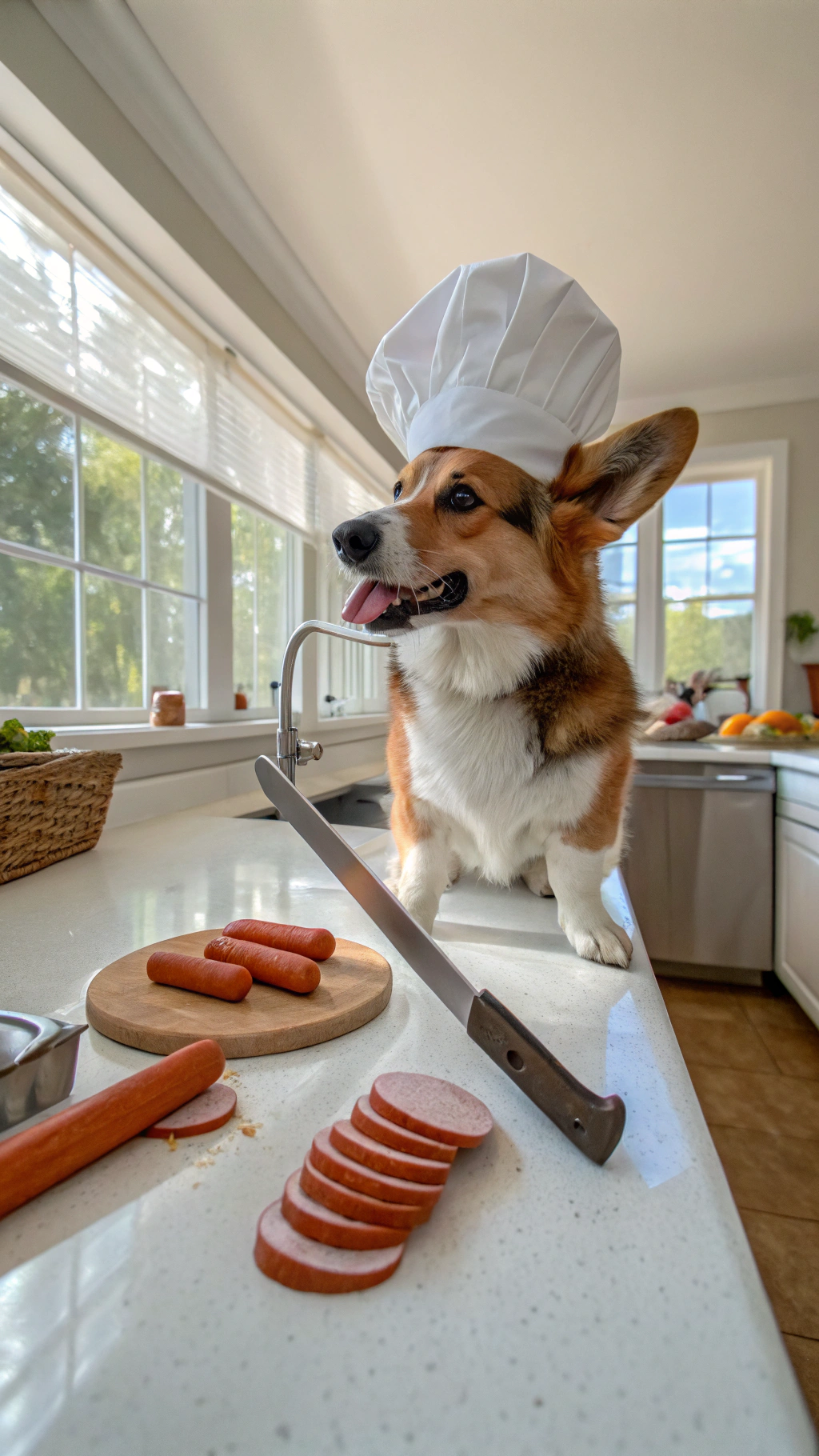 AI generated image by Red Panda AI: a corgi gripping a knife with one paw and slicing into a sausage. Corgi is wearing a white chef's hat, and standing in an american suburban kitchen during the day. wide angle iphone video.