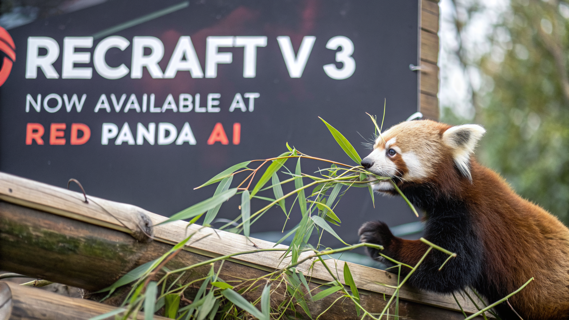 AI generated image by Red Panda AI: a red panda eating a bamboo in front of a poster that says "recraft V3 now available at red panda ai