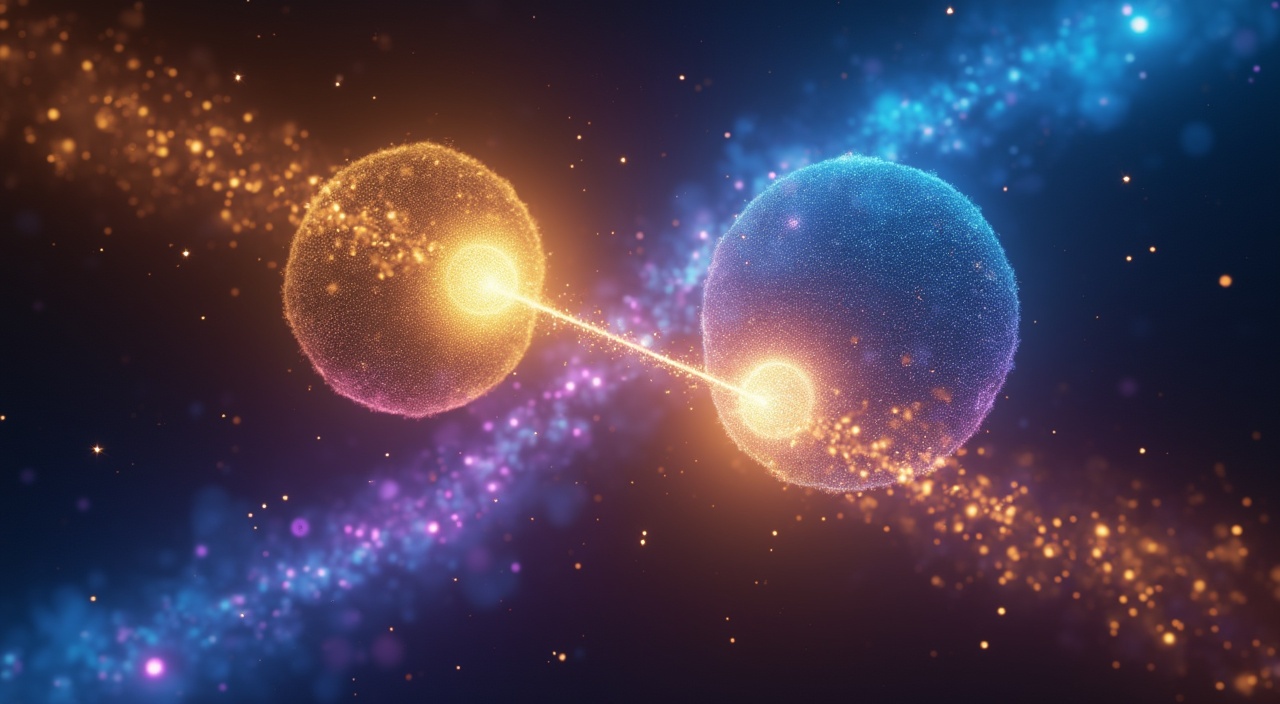 AI generated image by FLUX.1-pro: The image depicts two luminous quantum particles suspended in a dark void, connected by pulsating waves of blue and purple light that bridge the distance between them. Each particle glows with a different intensity – one bright gold, one deep blue – yet they move in perfect synchronization.