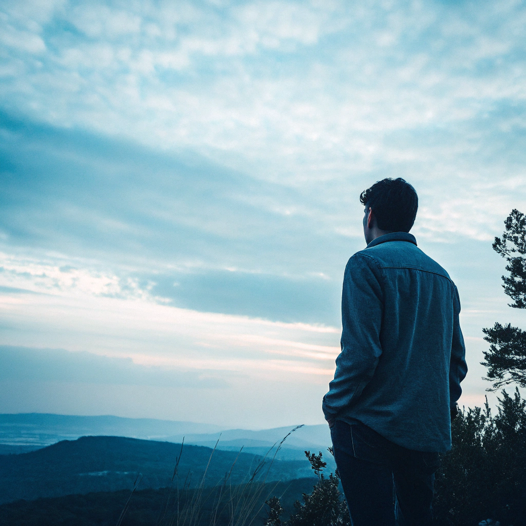 AI generated image by Red Panda AI: A man facing away looking at a landscape.
Image taken by a cell phone camera, outer nuclei to blue
