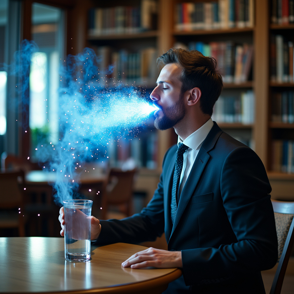 AI generated image by FLUX.1-pro: A modern dressed man in a library blowing sparkling energy with a blue mist and a bit electrical look with his breath into a glass of water. His breath is aimed at the water glass and head is tilt down also in the direction of the water. He is standing alone in the library. Picture is taken from an angle. The energy looks spectacular and fascinating.