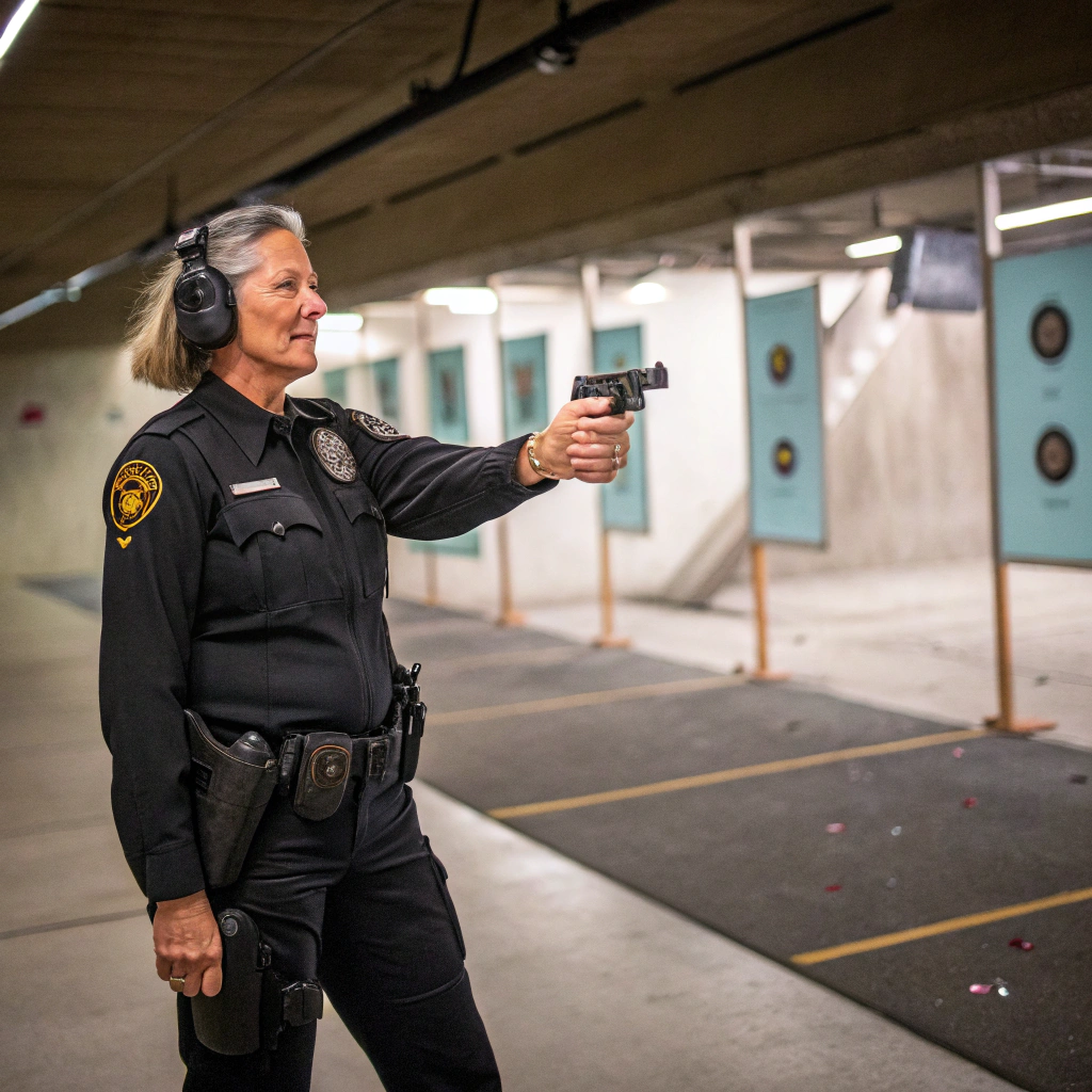 AI generated image by Red Panda AI: 55-jährige Frau in deutscher Polizeiuniform, im Schießstand