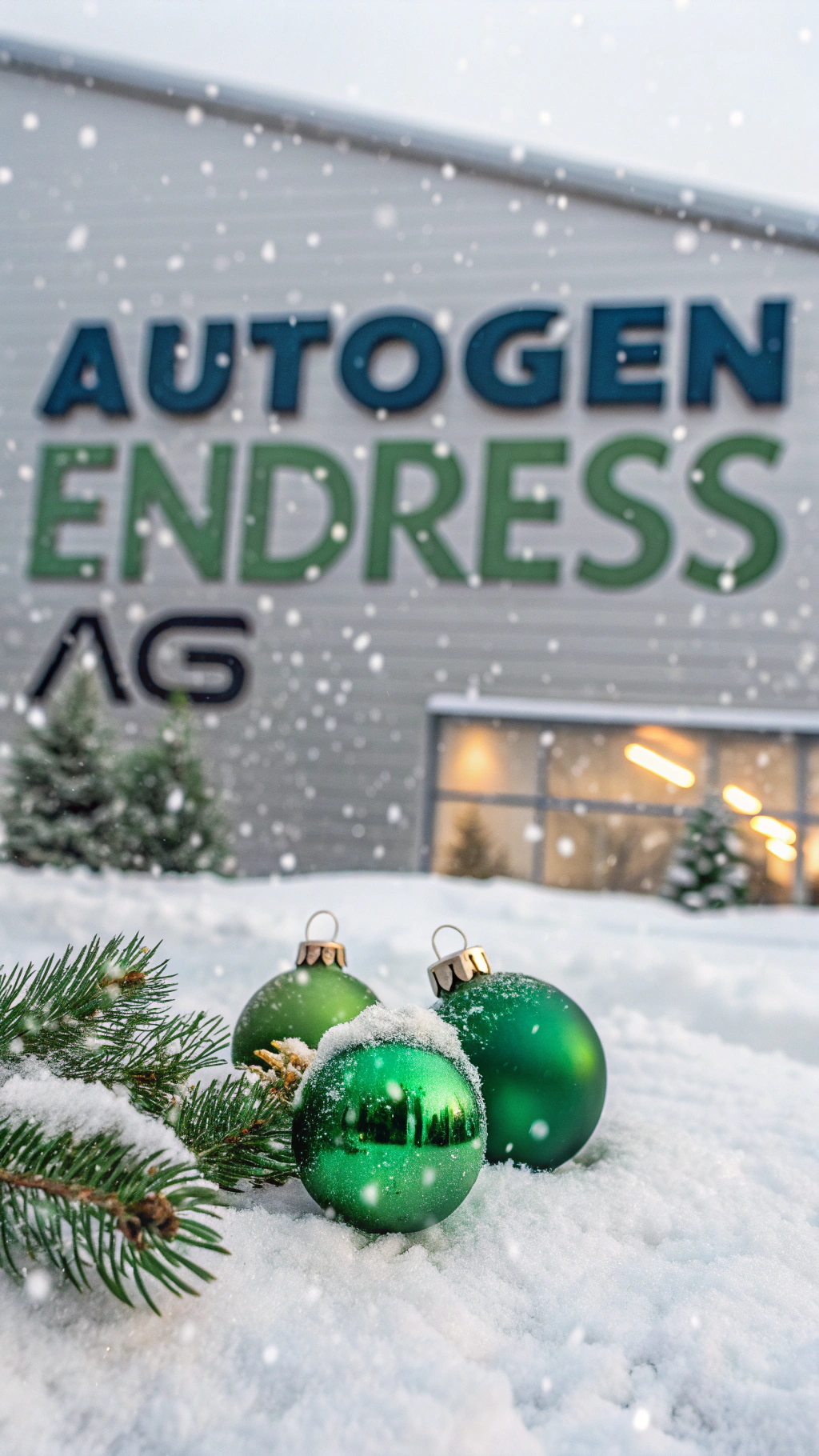 AI generated image by Red Panda AI: erstelle mir ein Bild, im Hintergrund das Logo der Firma Autogen Endress AG, das bild soll weihnachtlich sein, grüne Christbaumkugeln
