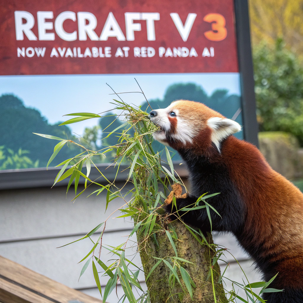AI generated image by FLUX.1-schnell: a red panda eating a bamboo in front of a poster that says "recraft V3 now available at red panda ai