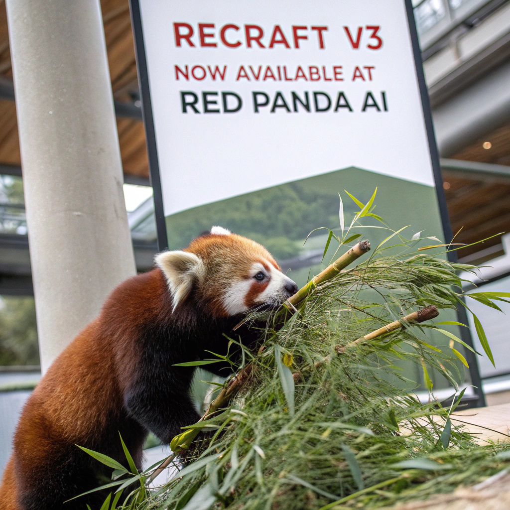 AI generated image by Red Panda AI: a red panda eating a bamboo in front of a poster that says "recraft V3 now available at red panda ai