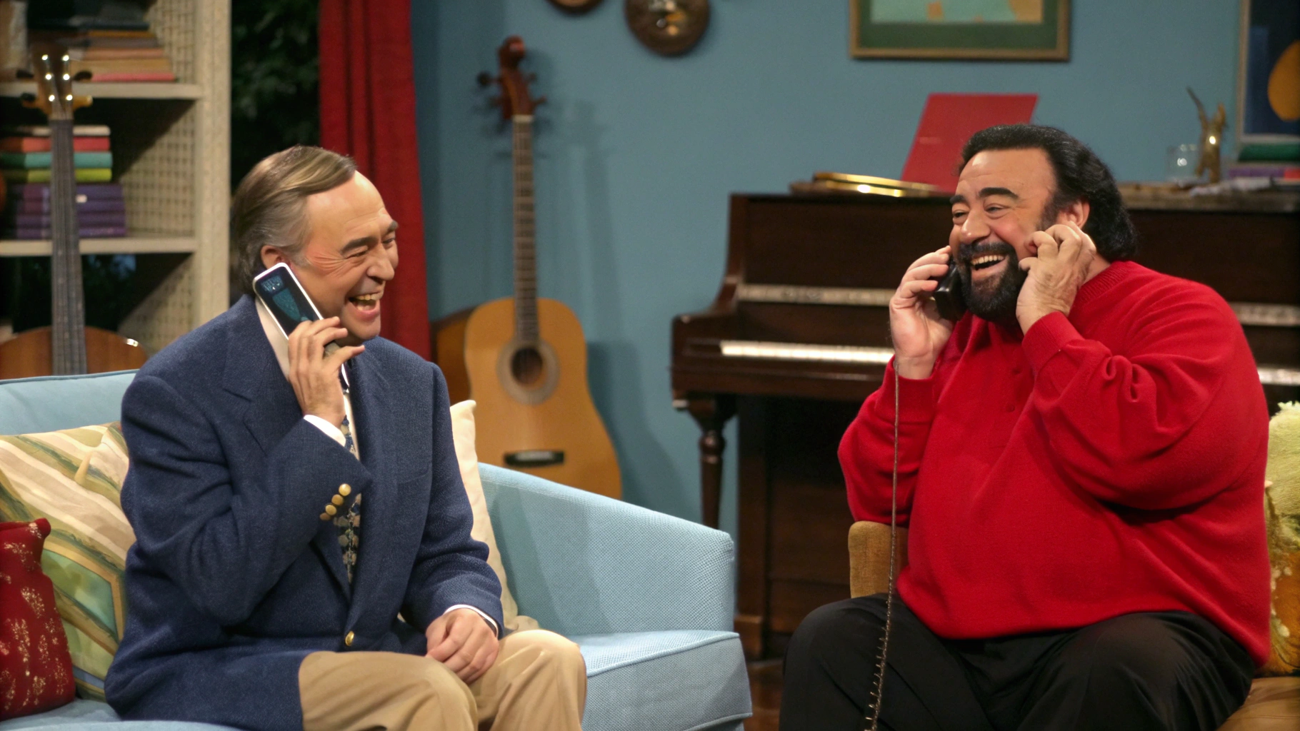 AI generated image by Red Panda AI: Mr. Rogers and Pavarotti are each using an iPhone to have a fun and happy phone call