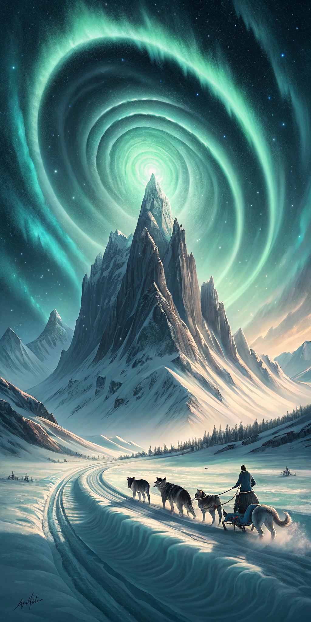 AI generated image by Red Panda AI: Dynamic vertical shot, spiraling aurora borealis creating vortex effect in upper third, middle section showing towering ice-covered peaks, bottom third revealing determined sled dog team charging towards camera, snow spraying dramatically, epic adventure mood