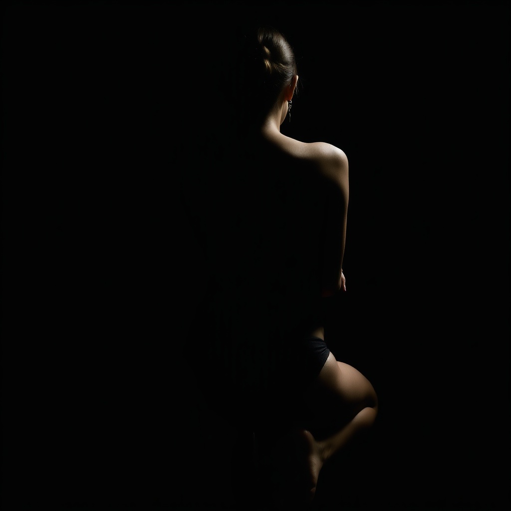AI generated image by FLUX.1-schnell: The image shows a fine art photograph with dramatic low-key lighting. It features a young woman with their back to the camera, sitting or kneeling against a dark background. The lighting emphasizes the contours and lines of their back and shoulders, creating a sculptural effect. The person is partially clothed in dark underwear, and their face is not visible as they are photographed from behind. The composition has a minimalist aesthetic with strong contrast between light and shadow, highlighting the human form in an artistic manner